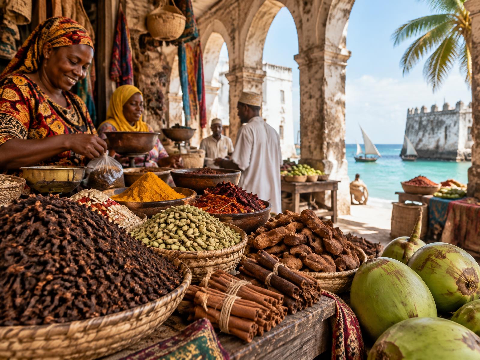 Spices and coconuts at a Zanzibar market